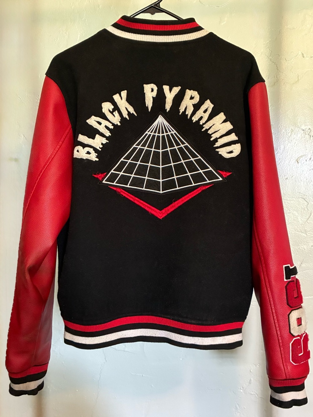 Black Pyramid Letterman Black & Red Faux Leather Jacket - Picture 2 of 7